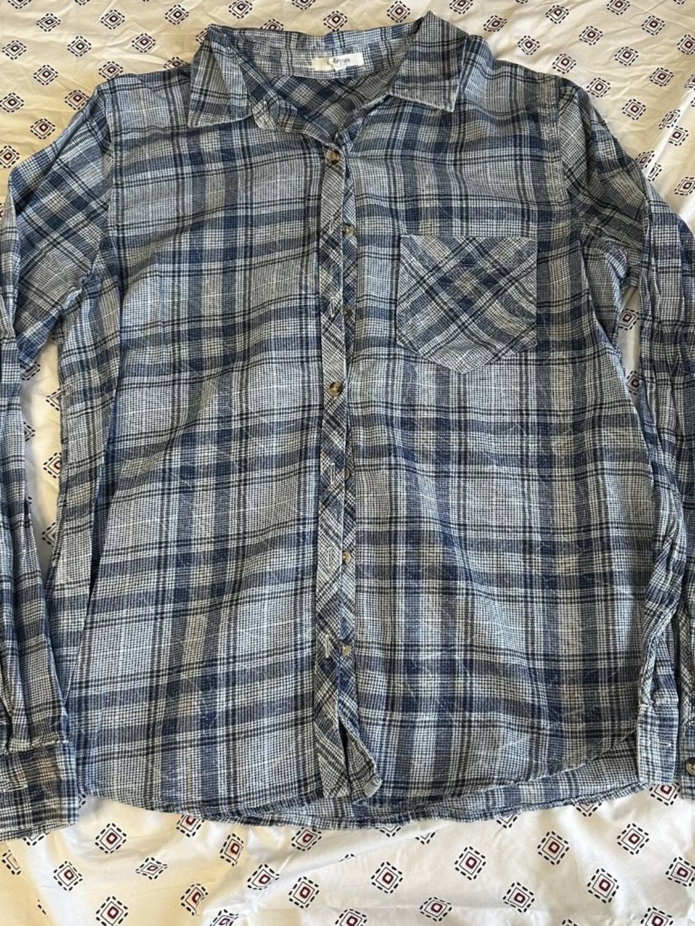 maurices medium Women’s Blue Plaid pocket button up collared 100% cotton